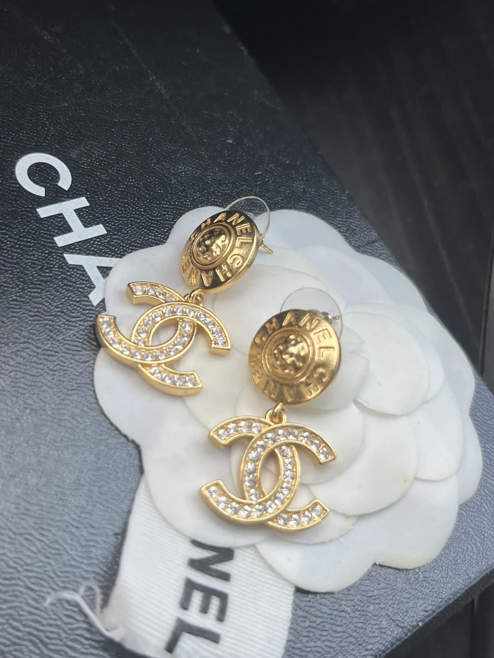 Vintage Authentic Chanel Gold Crystal CC Drop Earrings